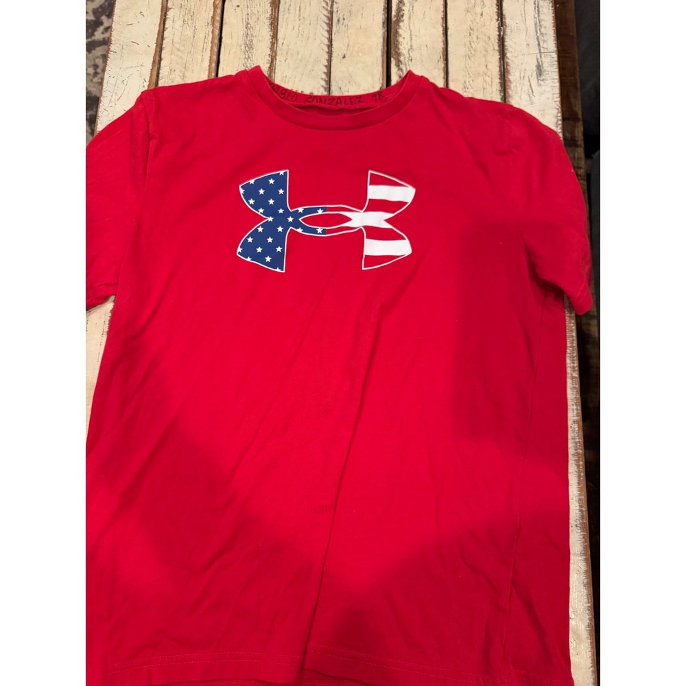 Under Armour Kids Red American Flag Logo Activewear T-Shirt Youth Large YLG